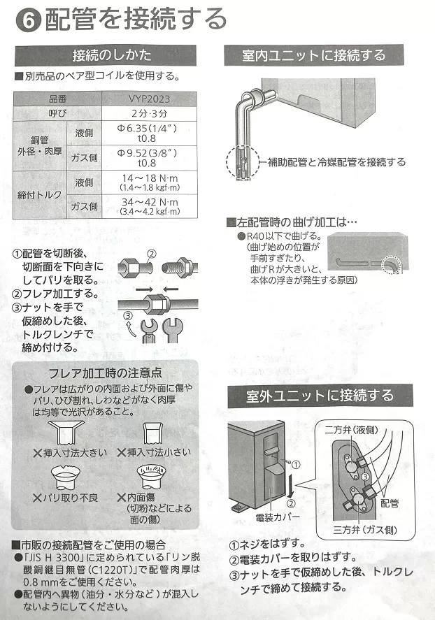 据付工事説明書　エアコン工事フレア加工